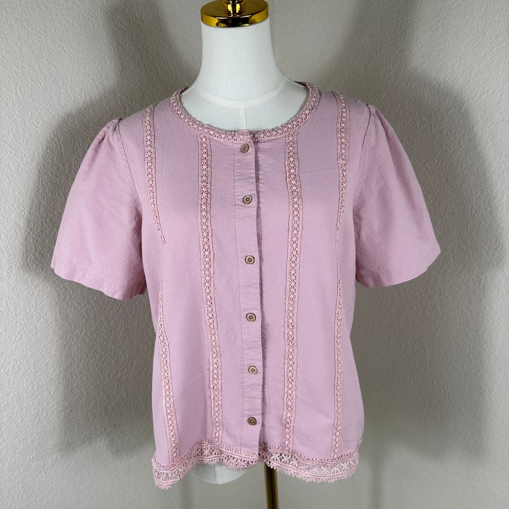 Krizia Button Front Blouse Womens XL Pink Lace Trim Crochet Cottagecore Romantic